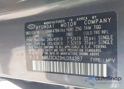 2017 Hyundai Tucson Sport z USA, uszkodzony, nr VIN KM8J3CA29HU384387